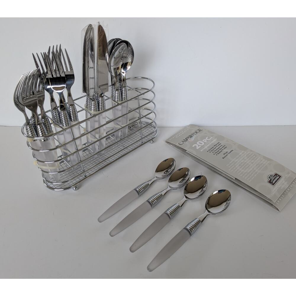 Cambridge New Lucite Handle Stainless Flatware 20 Pc set with Caddy Frost White